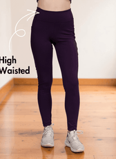 Close-up of purple high-waisted leggings with supportive waistband