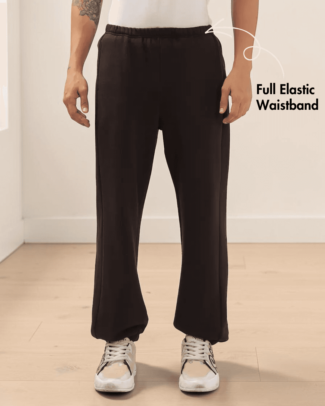 Close-up of men's joggers sewing pattern with full elastic waistband and side seam pockets