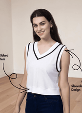 Sleeveless sweater vest with V-neck and ribbed armholes