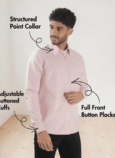 Men's pink striped dress shirt featuring adjustable buttoned cuffs and structured back yoke sewing pattern