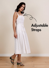 Pattern details of midi sundress with midi length silhouette and adjustable straps
