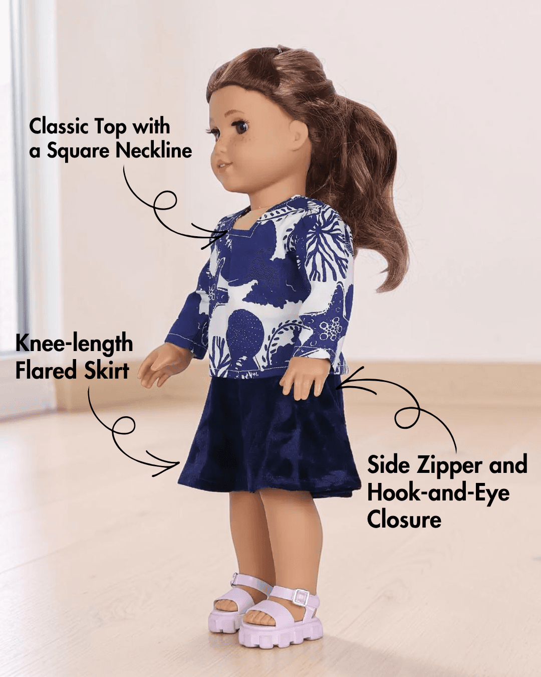 Doll sewing pattern with square neckline and long sleeves