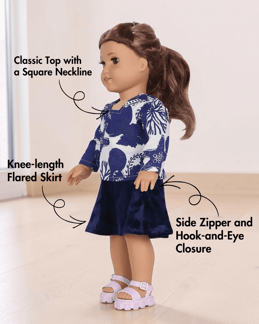 Doll sewing pattern with square neckline and long sleeves