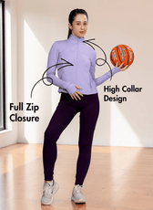 Close-up of women's purple sports jacket with high collar and full zip closure