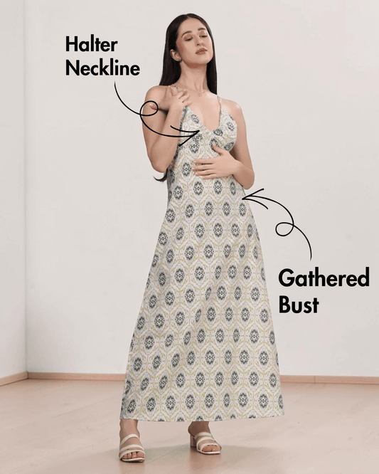 Maxi dress with gathered bust and adjustable straps - front view