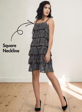 Close-up of square neckline and adjustable shoulder straps on tiered frill dress pattern