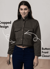 Model wearing cropped jacket with flap chest pockets and button front closure