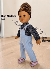 Dolls Brooke sewing pattern with high neckline top and straight-fit overalls