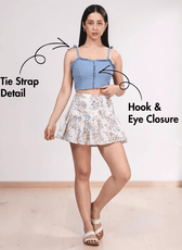 Front view of Vintage coord set sewing pattern Blue vintage crop top with tie straps and ruffled edges