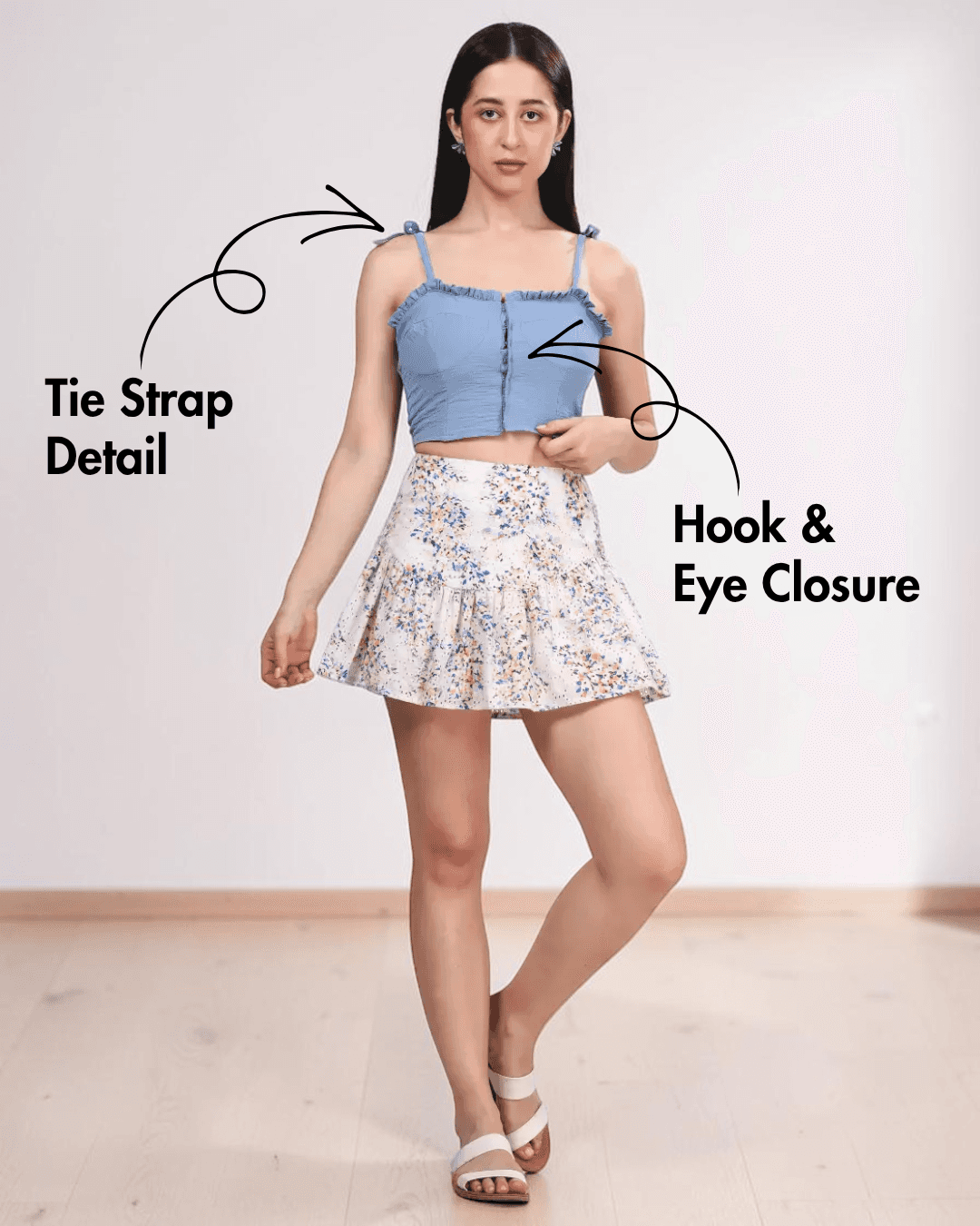 Front view of Vintage coord set sewing pattern Blue vintage crop top with tie straps and ruffled edges
