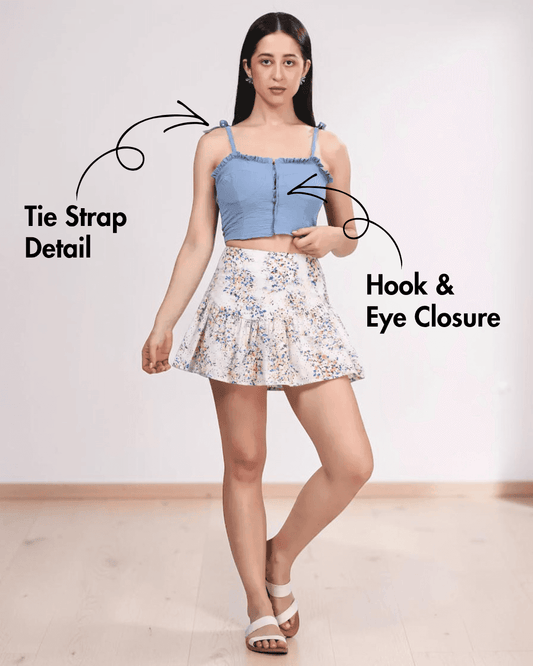 Front view of Vintage coord set sewing pattern Blue vintage crop top with tie straps and ruffled edges