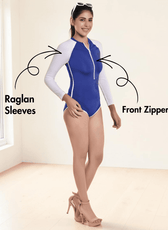 Model wearing blue and white long sleeve swimsuit with zipper