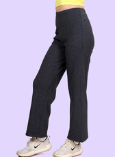 Side view of pull-on pants with a high-rise waist and straight-leg cut. Designed for comfort with a flexible fit and structured look.
