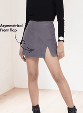 Gray mini skort with back pockets and side zip closure