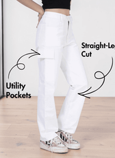 Close-up of women's cargo pants with utility pockets and straight-leg design
