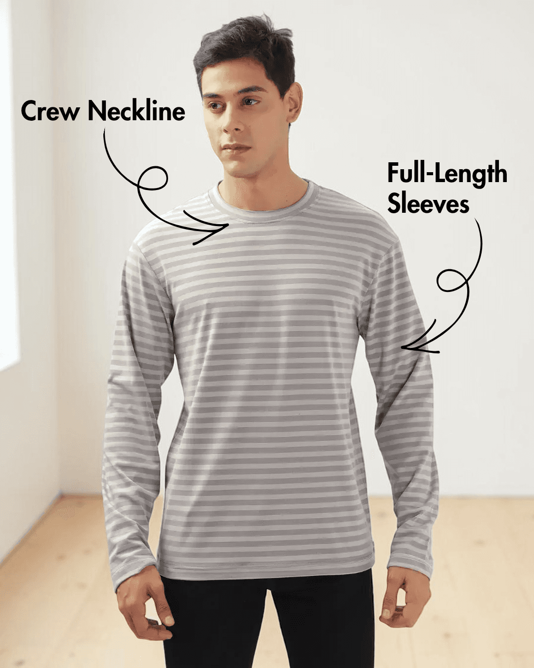 Model wearing men's long sleeve T-shirt sewing pattern
