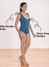 Model wearing blue Bodysuit Sewing Pattern 'Gabby' with wide shoulder straps and scoop neckline