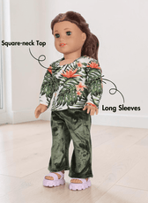 Doll in tropical print top and velvet flared pants sewing pattern 