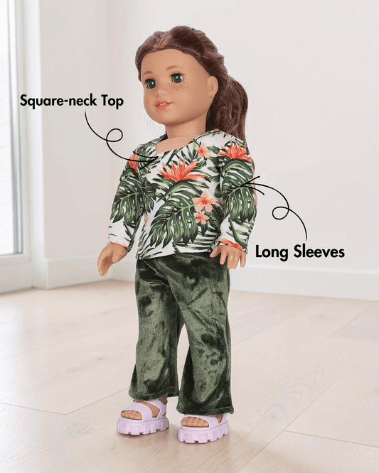 Doll in tropical print top and velvet flared pants sewing pattern 