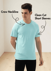 Close-up of men's turquoise T-shirt sewing pattern  showing classic design with clean-cut short sleeves
