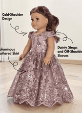 Side view of doll princess gown with zip closure and lace hem for 18-inch dolls
