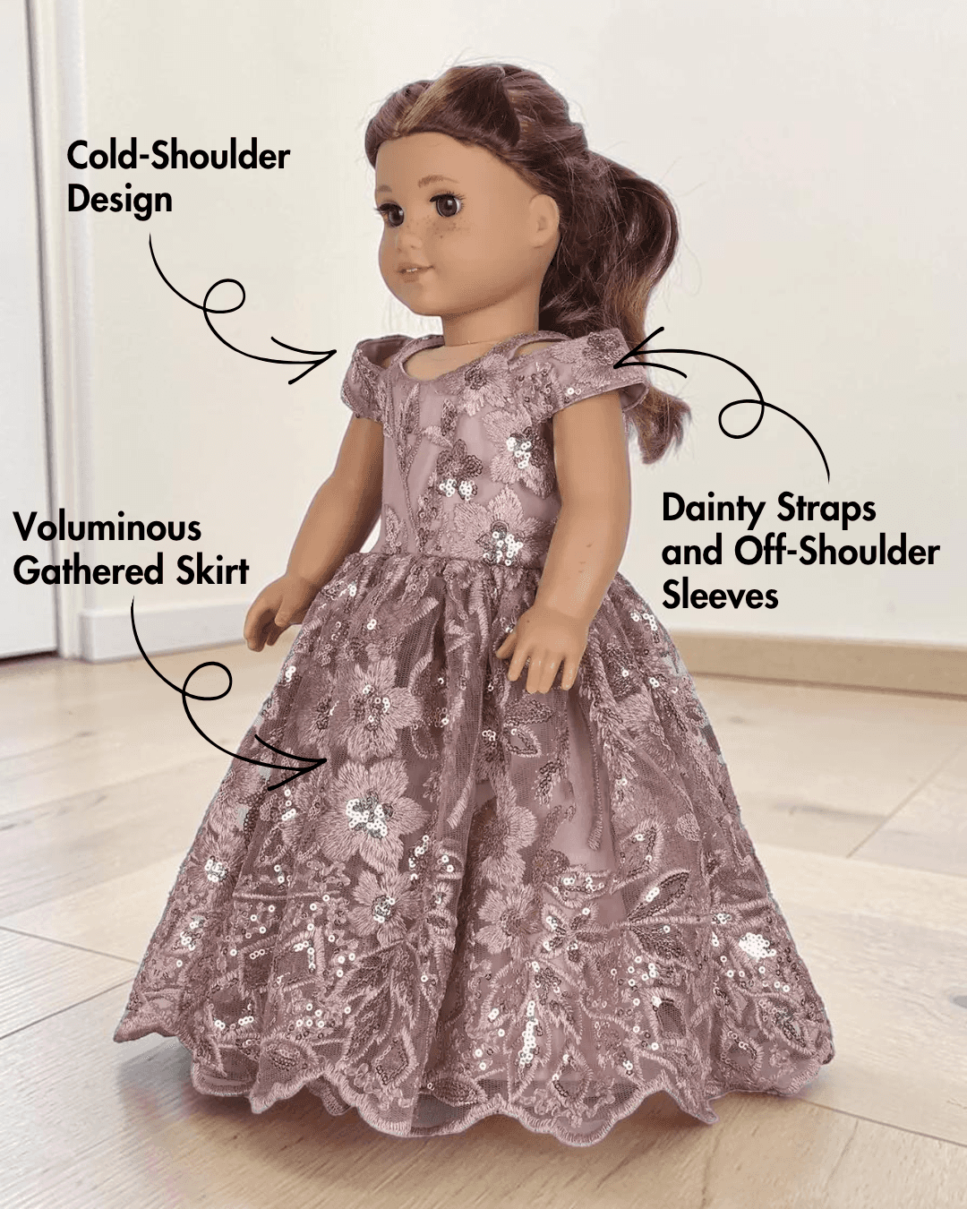 Side view of doll princess gown with zip closure and lace hem for 18-inch dolls