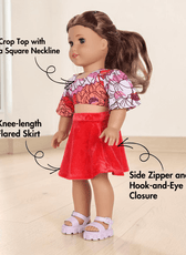 Doll wearing 70s vintage crop top and flared skirt with sewing pattern icons