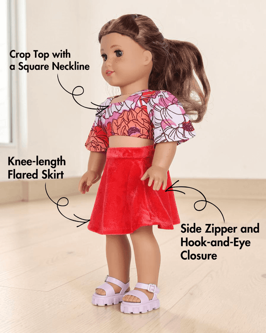 Doll wearing 70s vintage crop top and flared skirt with sewing pattern icons