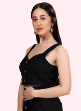 Close-up of the 'Harper' coord set crop top, highlighting the button-down front and structured fit. A must-have sewing pattern for fashion lovers.