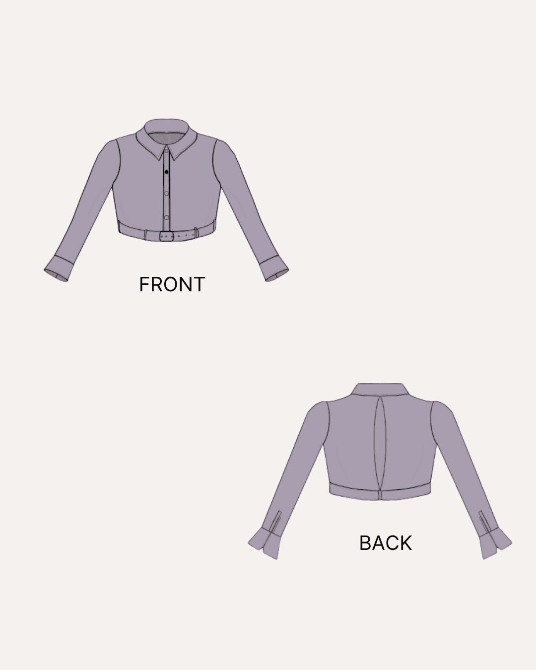 Front and back view of a belted cropped shirt sewing pattern 'Fern' for women's clothing