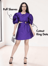 Purple puff sleeve mini dress sewing pattern with cutout ring detail, front view