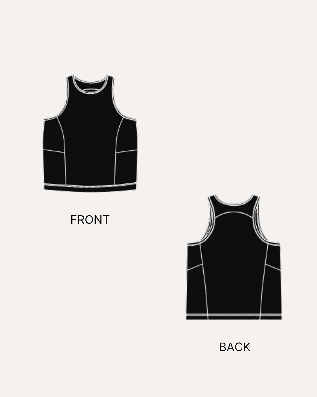 Technical sewing pattern diagram for front and back of women's tank top 'Tracy'