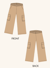 Technical illustration of the 'Maddie' Y2K sweatpants sewing pattern, showing front and back views with cargo pocket placement and elastic waistband.