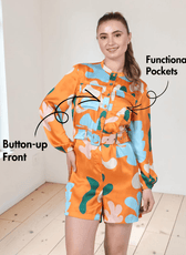 Model wearing floral playsuit with matching belt and long sleeves