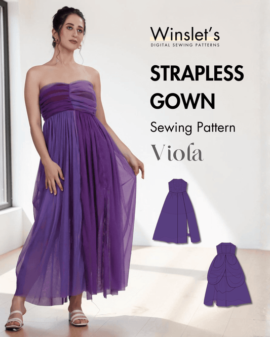 Purple strapless gown sewing pattern Viola with ruched bodice and flowing skirt