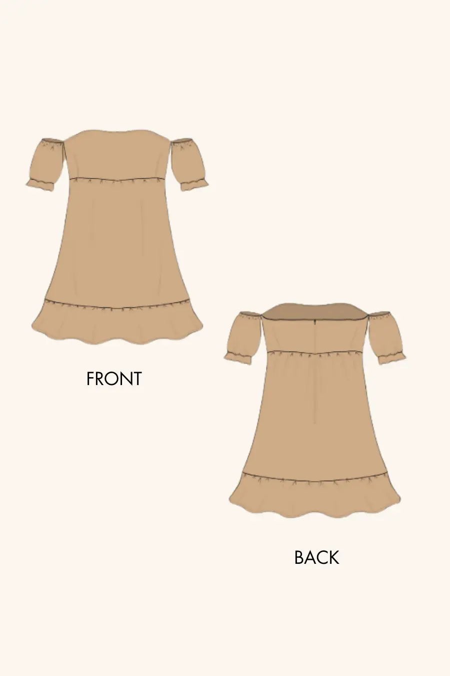 2d sketch of off shoulder dress sewing pattern by winslet's 