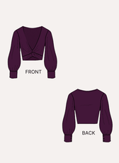 Illustration of front and back views of purple cropped top with long sleeves and knot detail