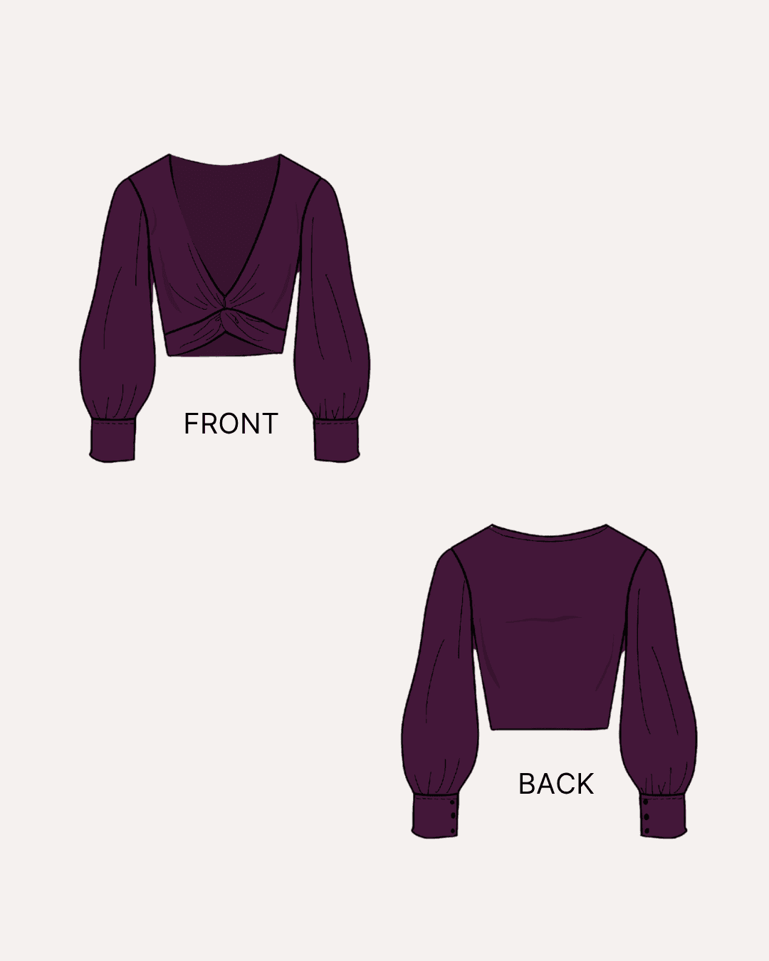 Illustration of front and back views of purple cropped top with long sleeves and knot detail
