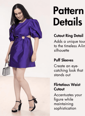 Pattern details for purple puff sleeve mini dress with cutout ring and waist cutout