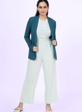Formal jumpsuit styled with a blazer, featuring a sleeveless fitted bodice and wide-leg pants. Ideal for professional and elegant looks.