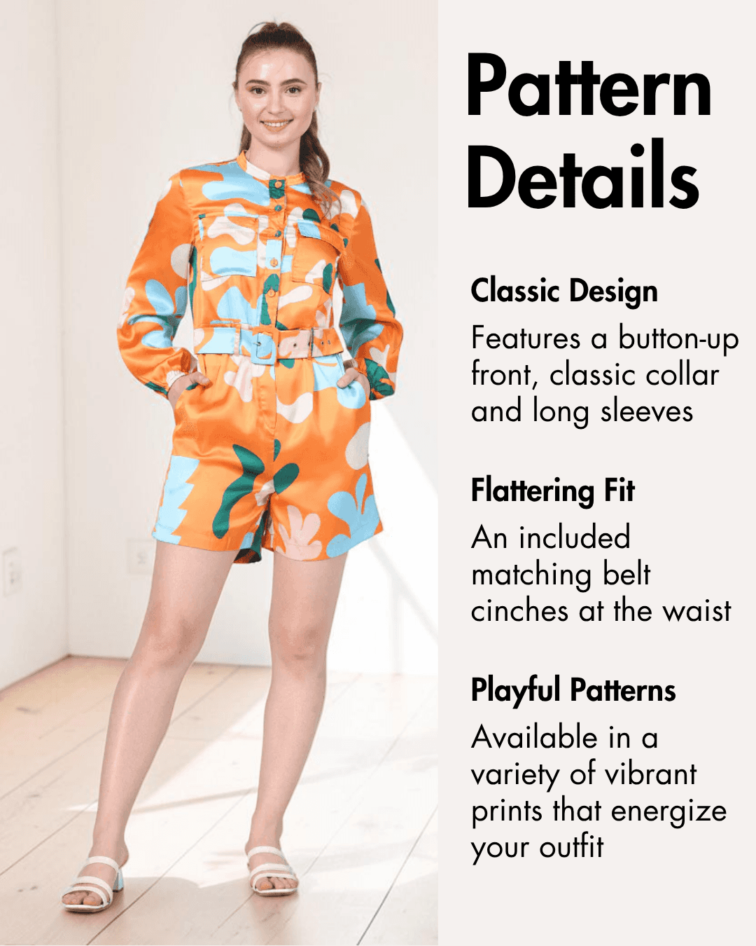 Pattern details for floral playsuit with button-up front and long sleeves