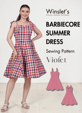 Violet Barbiecore summer dress sewing pattern with plaid fabric and adjustable tie straps