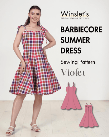 Violet Barbiecore summer dress sewing pattern with plaid fabric and adjustable tie straps