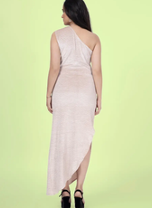 Back view of a model wearing an Asymmetrical one-shoulder ruched dress  sewed with Winsle's patterns