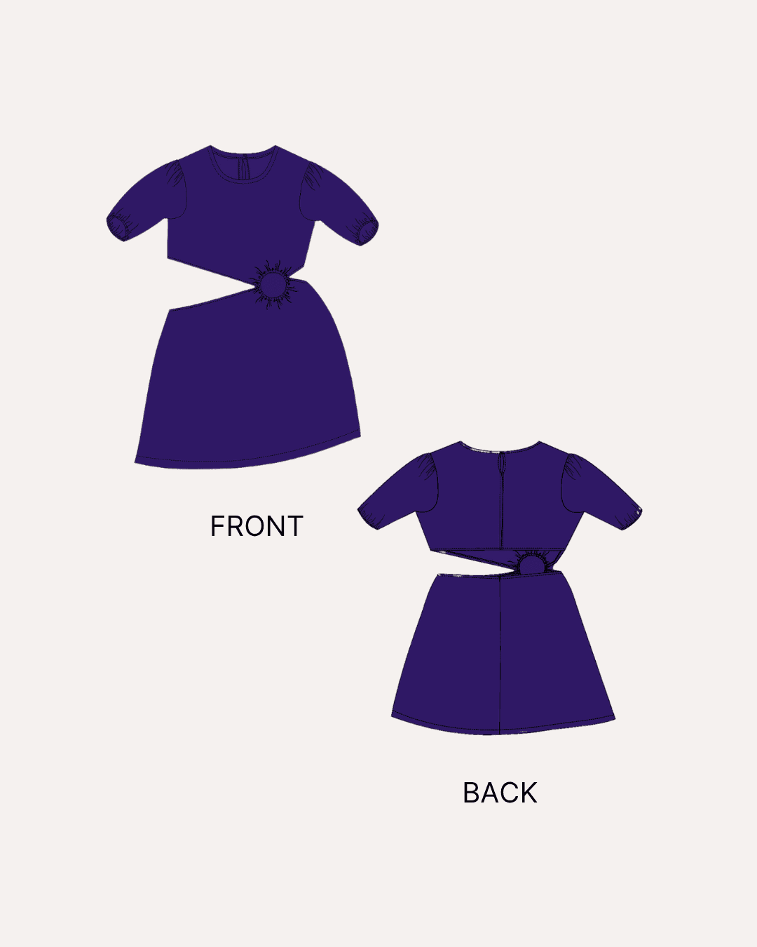 Puff Sleeve Mini Dress Sewing Pattern 'Tori' front view with puff sleeves and waist detail