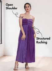 Purple strapless evening dress with open shoulder and structured ruching