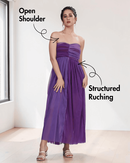 Purple strapless evening dress with open shoulder and structured ruching