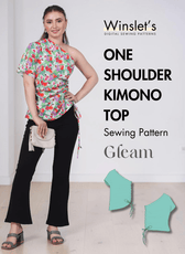 Women's one shoulder kimono top sewing pattern with side tie, asymmetric neckline, short sleeves, woven fabric, PDF pattern