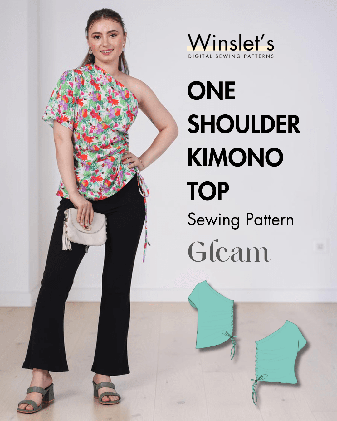 Women's one shoulder kimono top sewing pattern with side tie, asymmetric neckline, short sleeves, woven fabric, PDF pattern