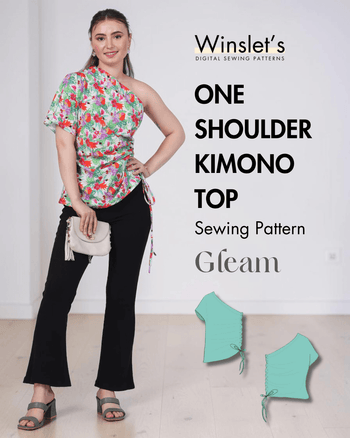 Women's one shoulder kimono top sewing pattern with side tie, asymmetric neckline, short sleeves, woven fabric, PDF pattern